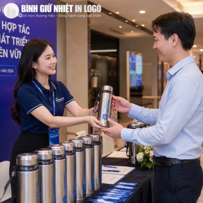 Nữ nhân viên công ty trao tặng bình giữ nhiệt GN-BN17 cho khách hàng tại sự kiện