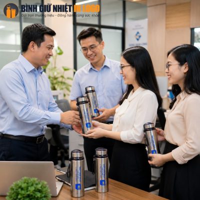 Tập thể nhân viên văn phòng Việt Nam vui vẻ sử dụng bình giữ nhiệt in logo công ty