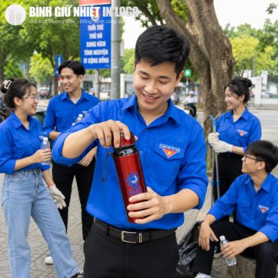 Nhóm bạn trẻ trong màu áo xanh tình nguyện nghỉ tay uống nước từ chiếc bình giữ nhiệt màu đỏ tiện dụng