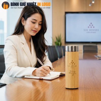 Nữ nhân viên văn phòng sử dụng bình giữ nhiệt vỏ tre GN-BN23 tiện lợi tại phòng làm việc.