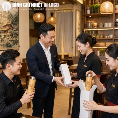 Nam doanh nhân trao tặng quà tặng bình giữ nhiệt vỏ tre cho các nhân viên trong không gian ấm cúng