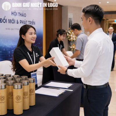 Nữ nhân viên tại bàn lễ tân hội thảo trao tặng hộp quà chứa bình giữ nhiệt vỏ tre