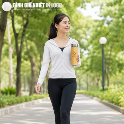Nữ nhân viên văn phòng năng động cầm bình giữ nhiệt vỏ tre đi dạo trong công viên xanh mát