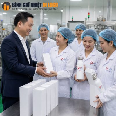 Đại diện ban giám đốc trao tặng bình nước GN-BN11 in logo cho đội ngũ kỹ thuật viên tại phòng Lab