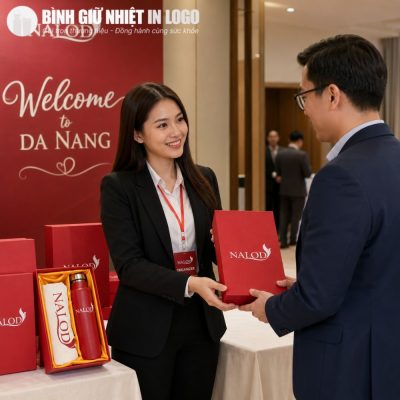Nhân viên khách sạn Nalod Da Nang trao tặng hộp quà giftset đỏ cho khách hàng VIP