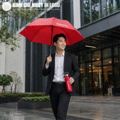 Hình ảnh thực tế người dùng đồng hành cùng ô dù và bình giữ nhiệt General tự tin di chuyển ngoài phố