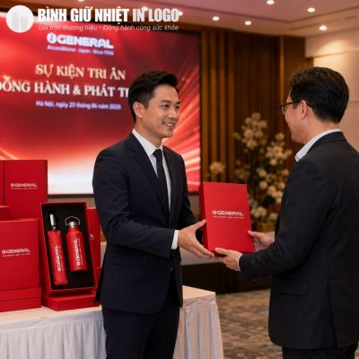 Đại diện doanh nghiệp trao tặng bộ giftset đỏ cho đối tác trong sự kiện tri ân quy mô lớn