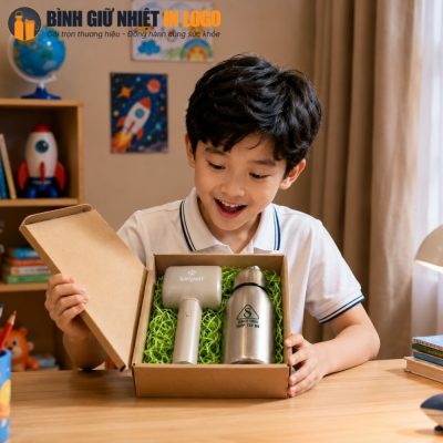 Cậu bé hào hứng mở hộp quà carton lót rơm chứa bình giữ nhiệt và quạt mini