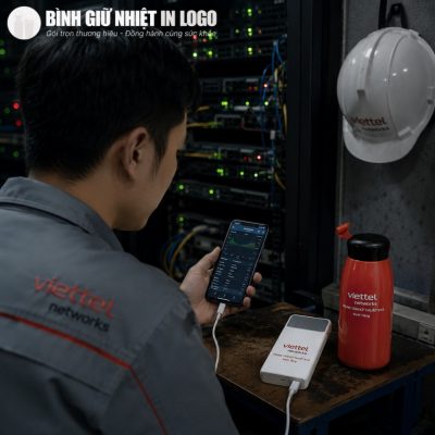 Kỹ thuật viên Viettel sử dụng sạc dự phòng Sendem để sạc điện thoại tại phòng máy chủ