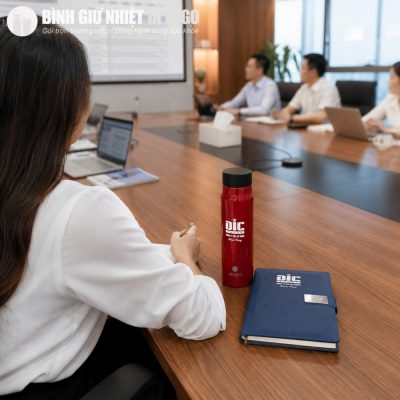 Bình giữ nhiệt Elmich và sổ da A5 được sử dụng trực tiếp trong không gian phòng họp doanh nghiệp.