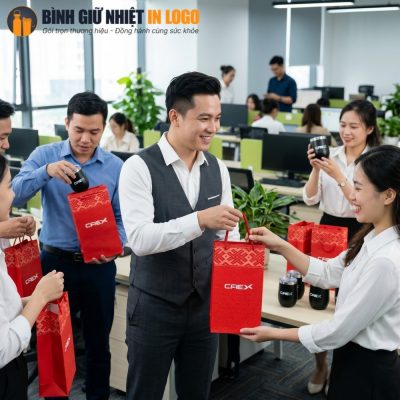 Đại diện doanh nghiệp trao tặng cốc giữ nhiệt dáng trứng đựng trong túi giấy đỏ trang trọng cho nhân viên văn phòng