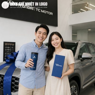 Cặp đôi khách hàng rạng rỡ nhận bàn giao xe Hyundai và quà tặng cốc giữ nhiệt Elmich