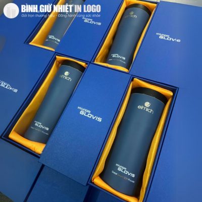 Thành phẩm cốc giữ nhiệt Elmich xếp gọn gàng trong hộp xi lót lụa vàng cao cấp