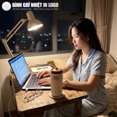 Cô gái làm việc khuya bên máy tính có đặt cốc giữ nhiệt bên cạnh để giữ ấm trà
