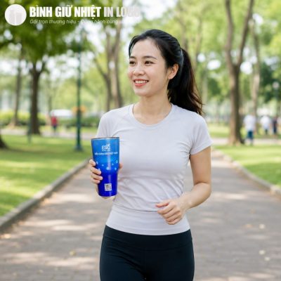 Người dùng mang theo cốc giữ nhiệt GN-LC08 khi chạy bộ rèn luyện sức khỏe tại công viên