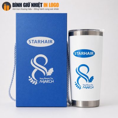 Cốc giữ nhiệt trắng thanh lịch với lớp sơn tĩnh điện chống xước cùng hộp xi cứng lót lụa sang trọng.
