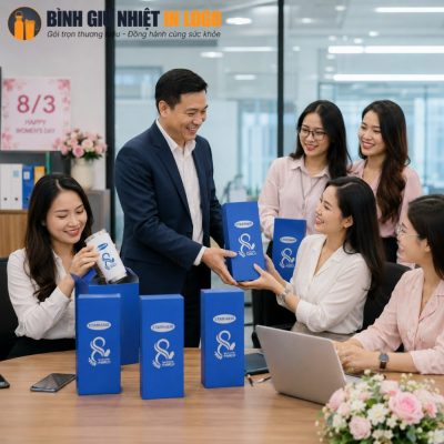 Ban lãnh đạo công ty trao tặng hộp quà cốc giữ nhiệt in logo STARHAIR cho nhân viên nữ trong phòng họp.