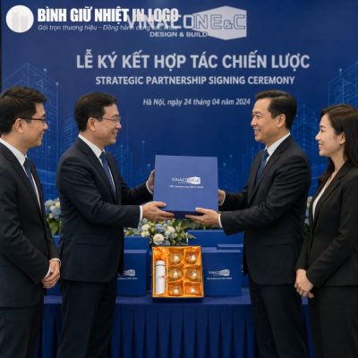 Đại diện hai đơn vị trao tặng bộ quà tặng kỷ niệm 10 năm tại lễ ký kết hợp tác chiến lược của VINACON E&C