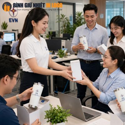 Đại diện doanh nghiệp trao tặng ly giữ nhiệt GN-LC04 đóng hộp lịch sự cho nhân viên tại văn phòng