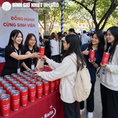 Hoạt động trao tặng ly giữ nhiệt màu đỏ cho các bạn sinh viên tại sự kiện ngoài trời đầy sôi động