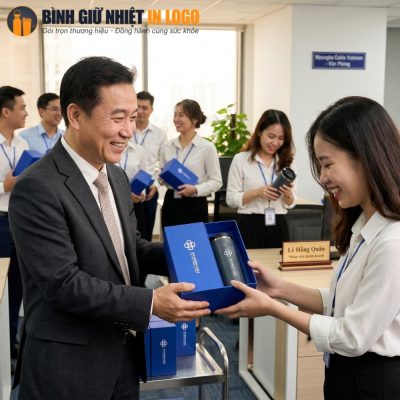 Đại diện doanh nghiệp trao tặng ly giữ nhiệt GN-LC03 đóng hộp xi cao cấp cho nhân viên xuất sắc