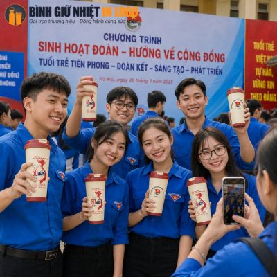 Các đoàn viên thanh niên rạng rỡ cầm trên tay chiếc ly giữ nhiệt GN-LC07 tại sự kiện sinh hoạt Đoàn