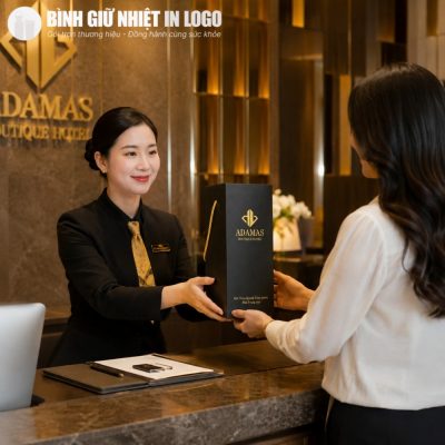 Nhân viên lễ tân trao tặng hộp quà bình giữ nhiệt cao cấp cho khách lưu trú tại khách sạn