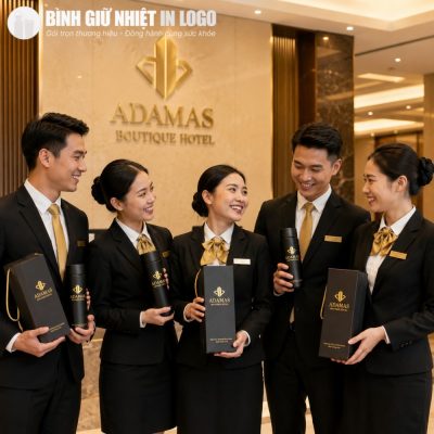 Đội ngũ nhân sự rạng rỡ bên bộ giải pháp quà tặng bình giữ nhiệt in logo thương hiệu