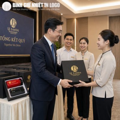 Đại diện ban quản lý trao tặng hộp quà ép kim Le Sands cho nhân viên xuất sắc tại buổi tổng kết quý