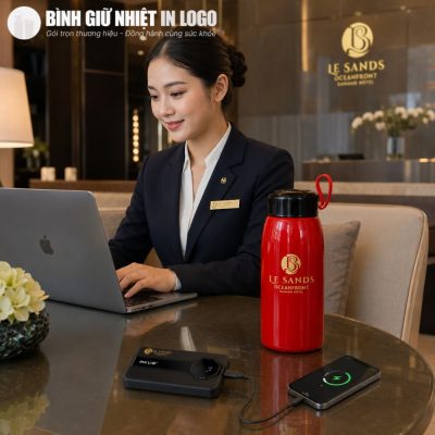 Nữ nhân viên sử dụng bình giữ nhiệt đỏ và sạc dự phòng AKUS ngay tại bàn làm việc